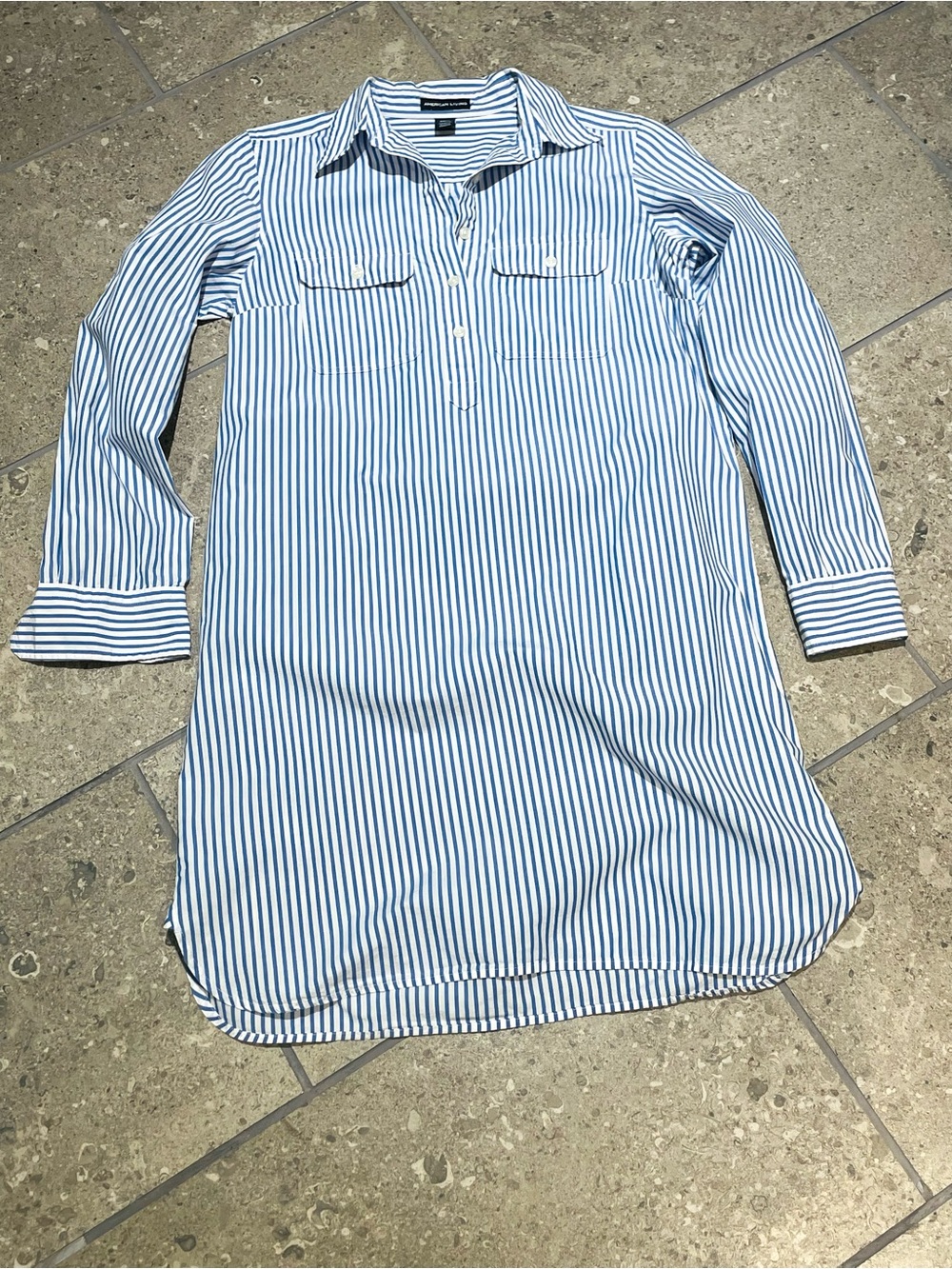 American Living white/blue striped button-up shirt dress roll tab sleeve in S